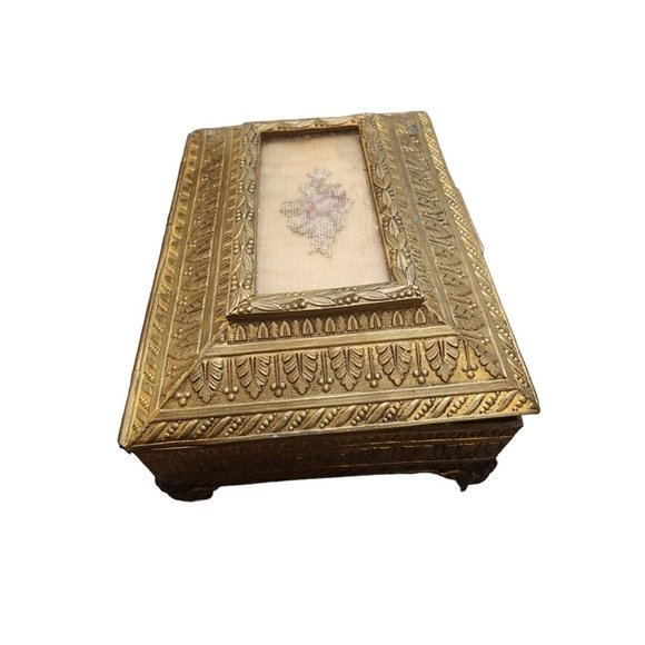 Antique Dore Bronze Footed Decorative Box with Needle Point Center (A2000) - Picture 9 of 12